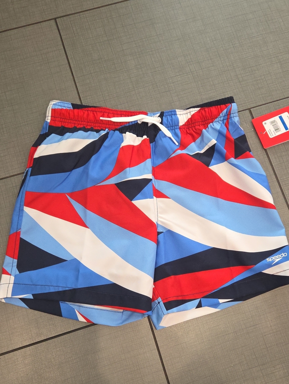 Speedo Colorblock Athletic Swim Shorts - Red, Light Blue, Navy & White XL 18-20